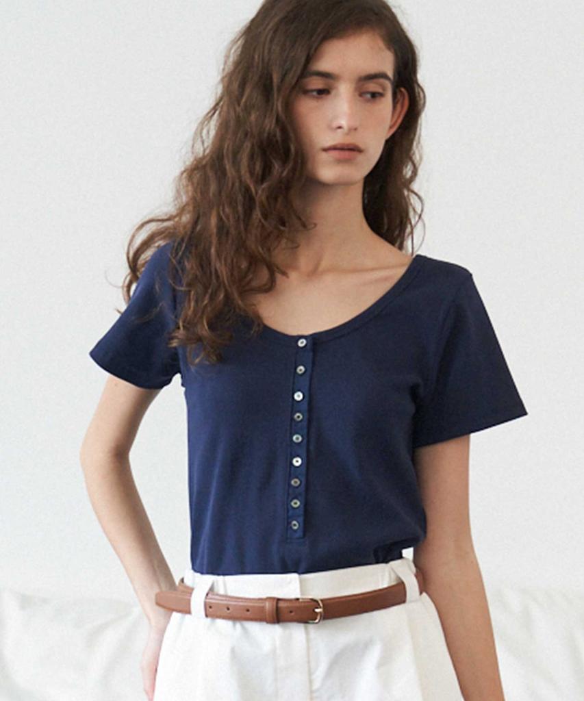 THERYE U-Neck Button T-Shirt(Navy)
