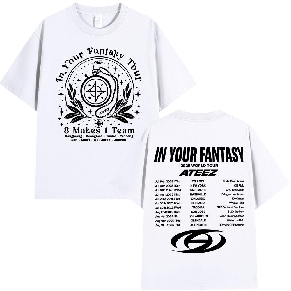 Ateez 2025 World Tour In Your Fantasy Tour Dates  8 Makes 1 Team T Shirt Korean Kpop Fashion T-shirt Men Women Cotton T-shirts