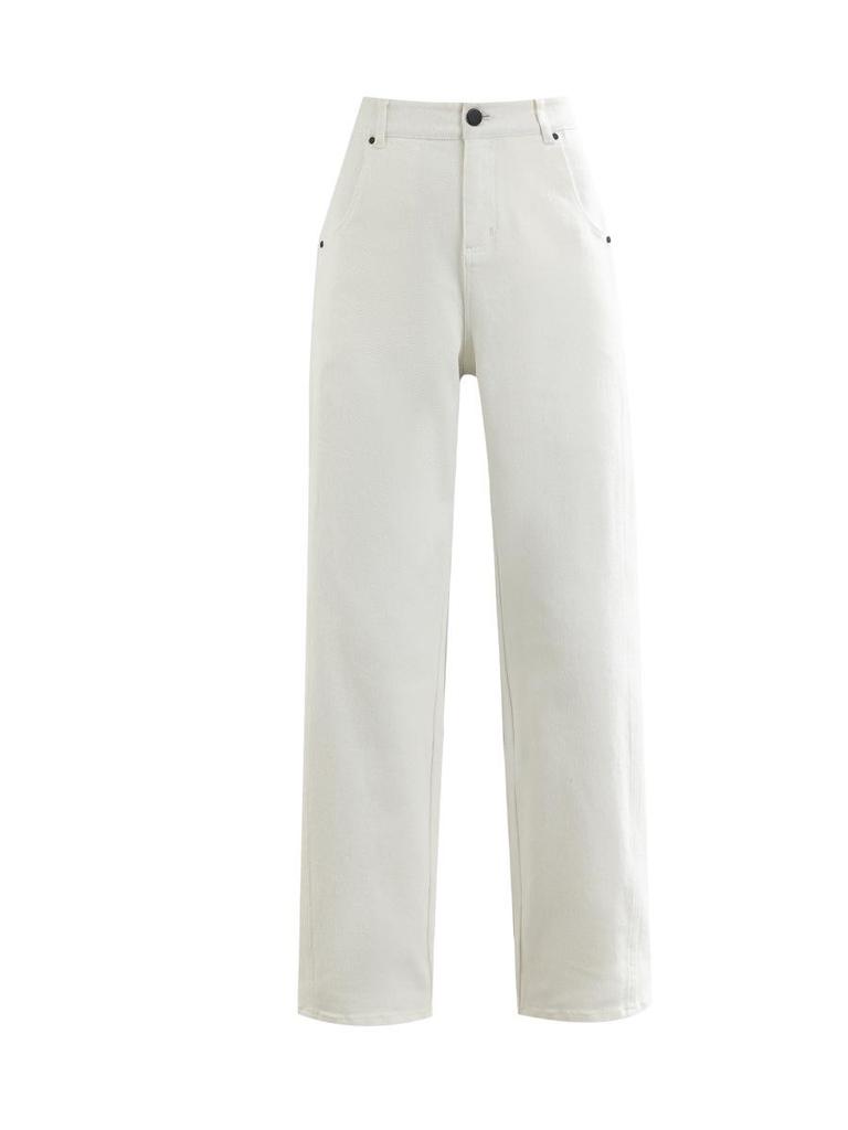 Women's Korean Style High Waist White Denim Pants - Loose Fit, Spring 2026, Creative Wash.