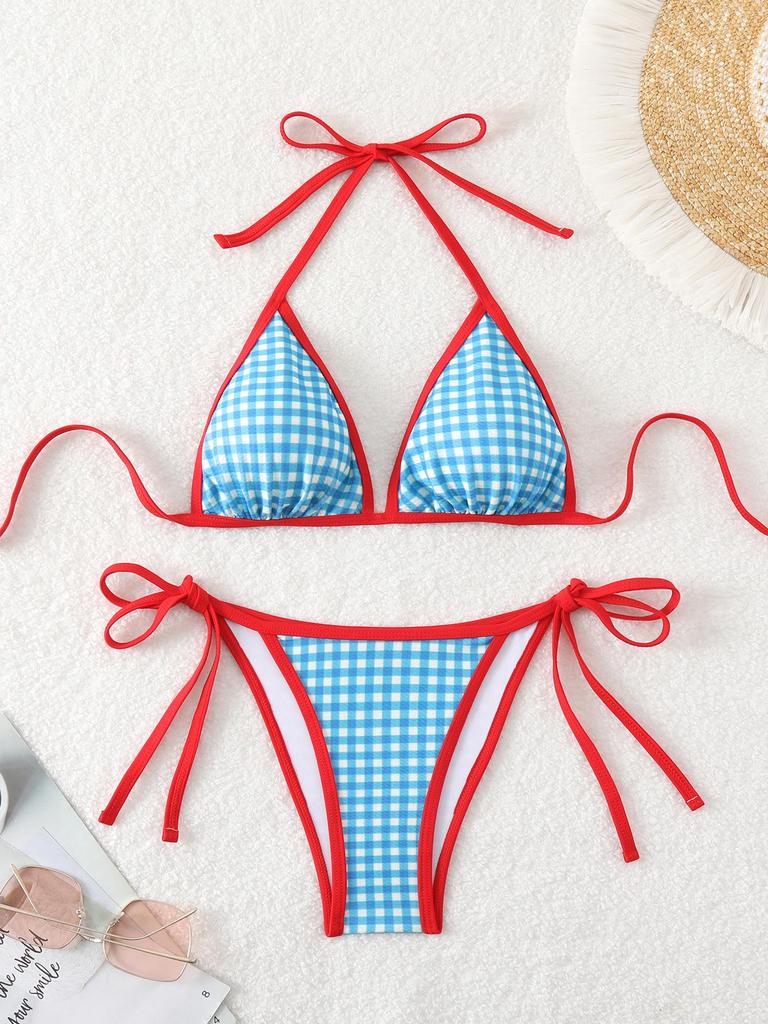 European & American Sexy Houndstooth Tie Halter Triangle Bikini Swimsuit for Women