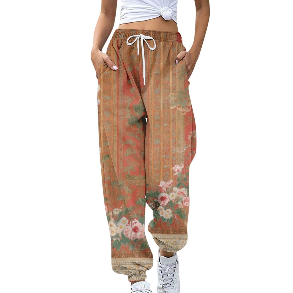 Women's Sports Pants With Pockets Fashion Floral Print Elastic Waist Pants Casual Sweatpants Pants