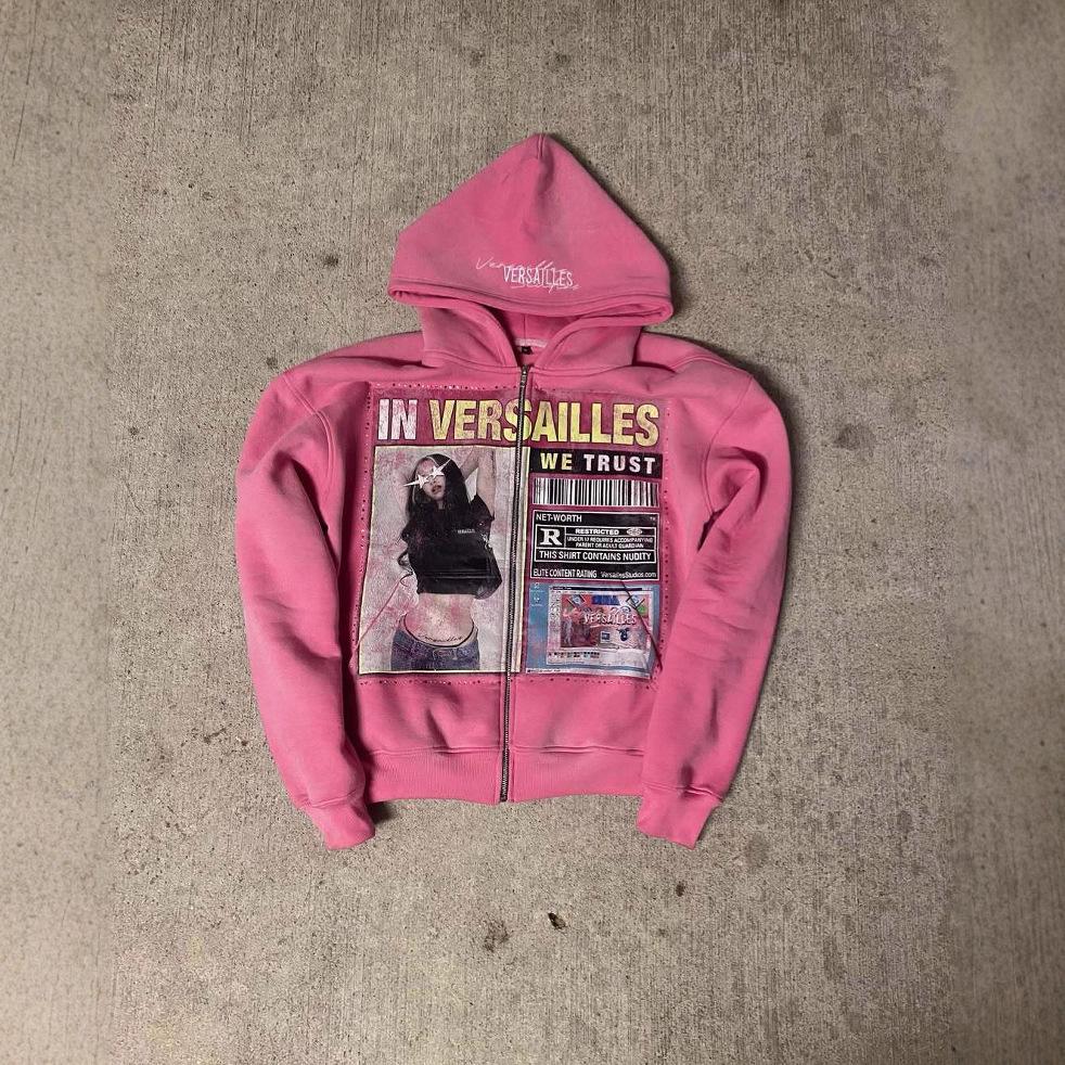 American fashion hip-hop zipper jacket loose high street personality print men's and women's same hooded sweater