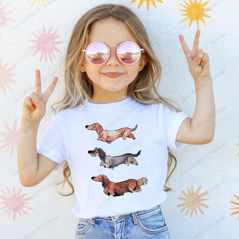 T-shirt with Dachshund Teckel dog print,fun t-shirts for babies,t-shirt for kids,white short-sleeve summer t-shirts for children