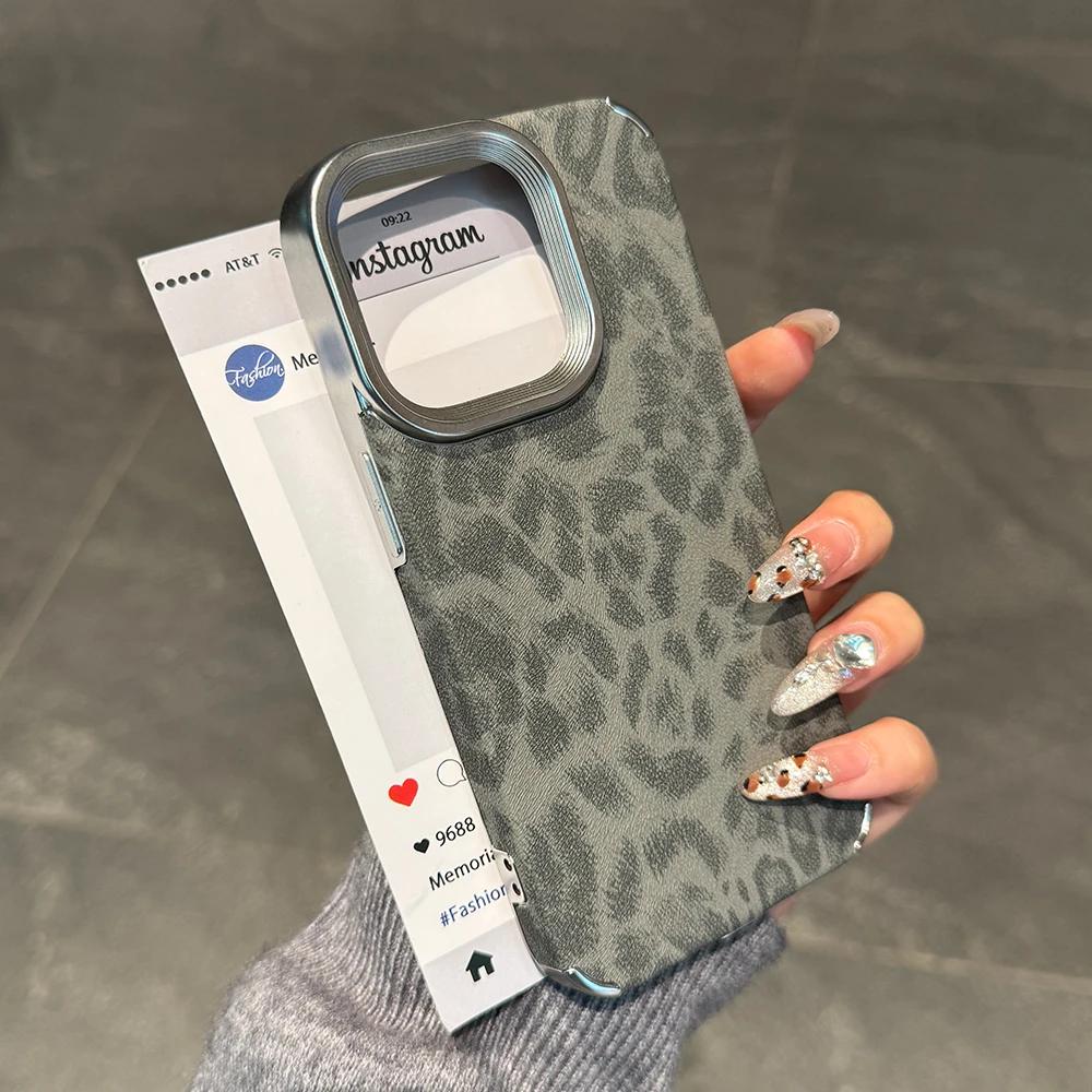 Titanium Gray Leopard Print Pattern Leather Phone Case for iPhone 16 15 14 13 12 11 Pro Max Full Shockproof Hard Bumper Cover