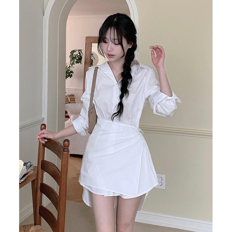 Relaxed Fit Wrap-Style Long Sleeve Shirt Dress With Cinched Waist Pure Color Casual Midi White