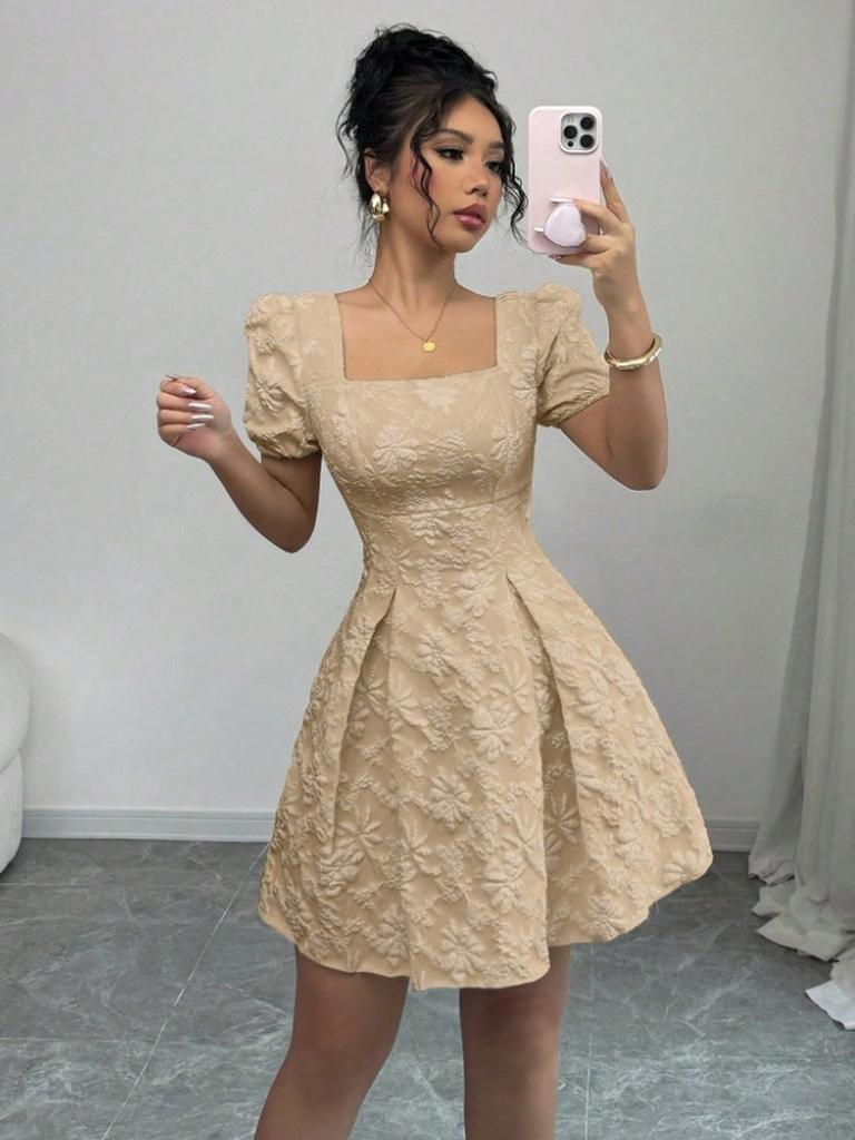 Summer Slim Fit Women's Elegant Lace Solid Color Bubble Sleeve Square Neck A-Line Dress