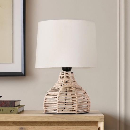36 Cm Zarif Tasarım Uzun Kağıt İp Rattan Hasır Görünümlü Standart Komodin Masa Lambası Açık Bej Kumaş Keten Abajurlu