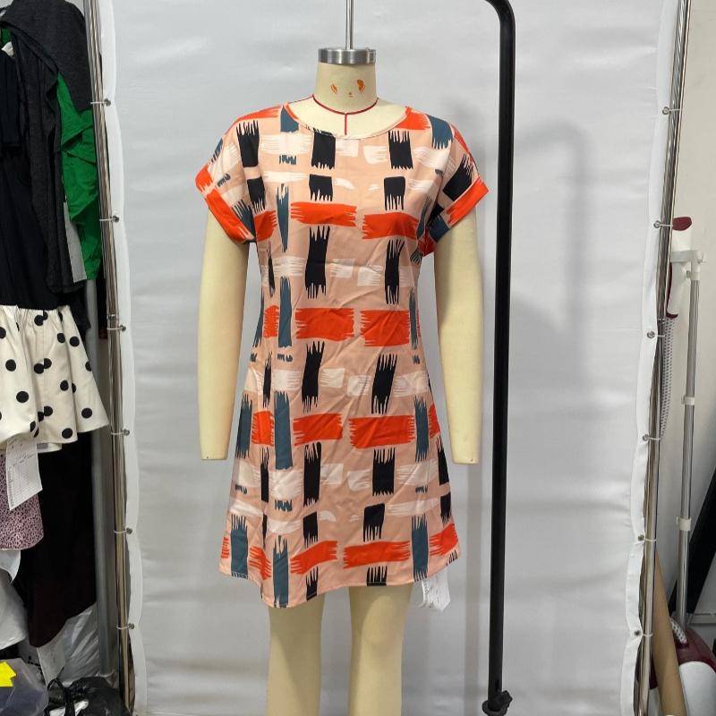 Sommer Elegant Vintage Locker Damen Bedrucktes Kleid Lässig Fledermausärmel Rundhals Schlank Kurze Kleider Damenmode Einfaches Büro Damenkleid 25915