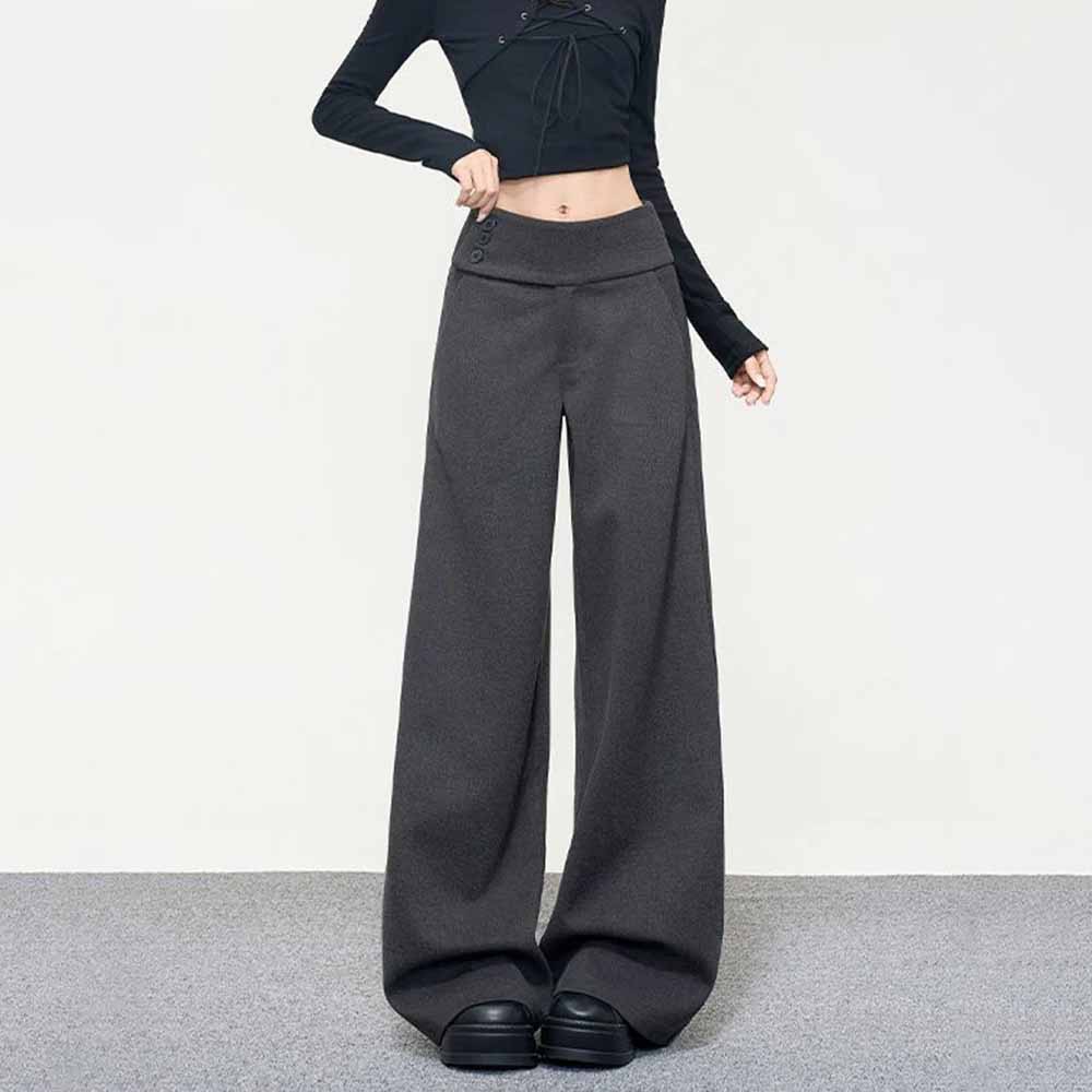 Dark Gray Wide Leg Pants Women Korean Simple Office Lady Loose Button Trouser High Waist Casual Female Vintage Spring Pants