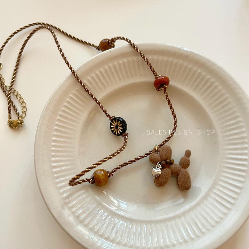 Vintage Flocked Teddy Bear Puppy Pendant Necklace - Elegant Sweater Chain for Women