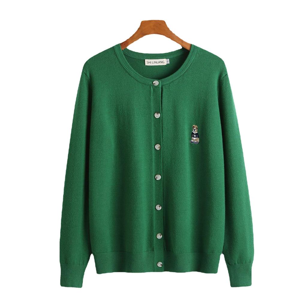 2024 Plus Size Women's Embroidered Bear Knit Cardigan, Round Neck & Long Sleeve for Early Spring.