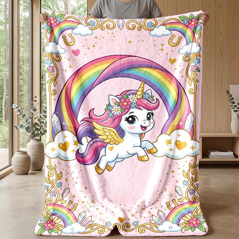 Magical Unicorn Rainbow Theme Blanket Lightweight Warm Flannel Blanket Decorative Throw Blanket for Home Decoration