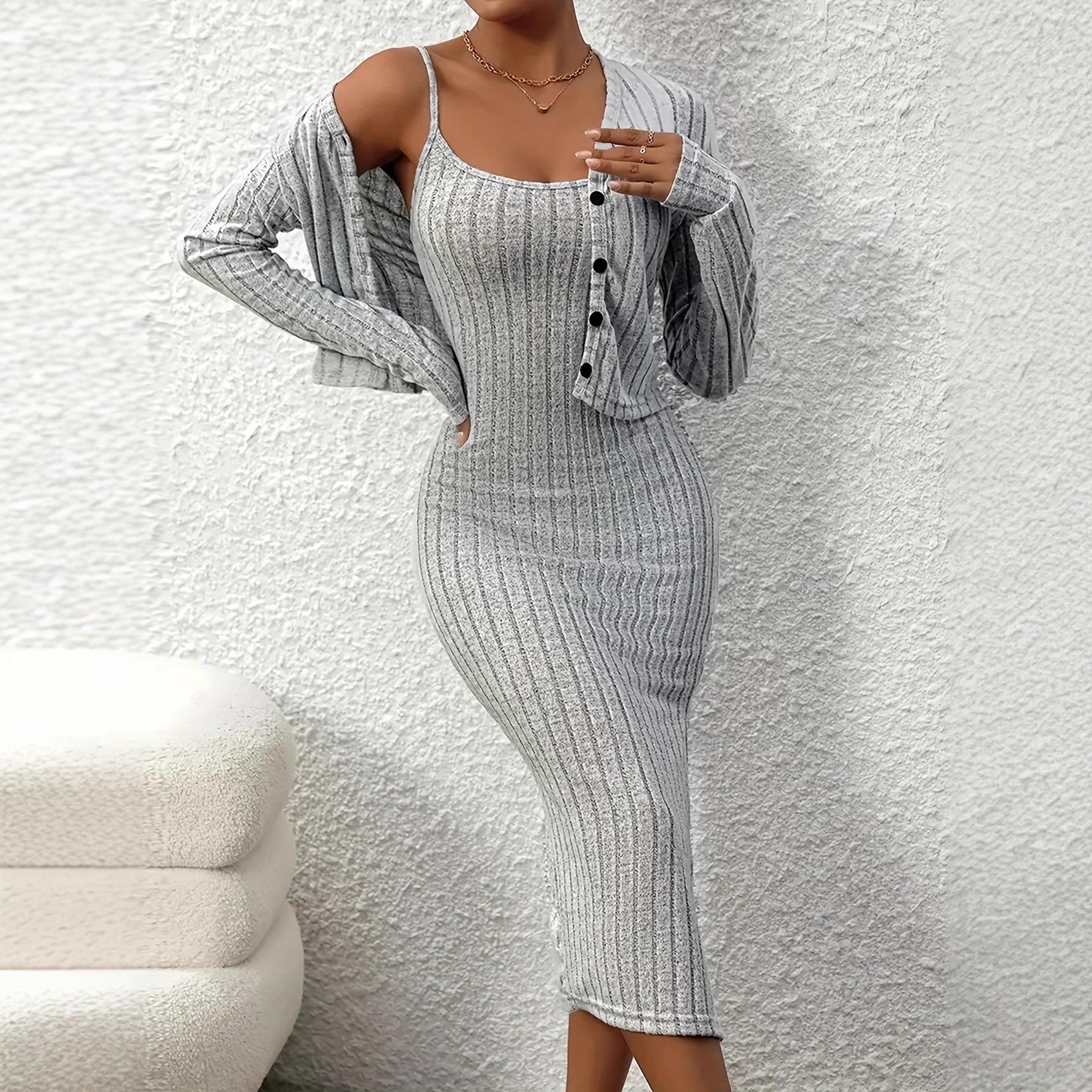 

European & American Plus Size Women s Autumn/Winter Fashionable Bodycon Skirt & Coat Set 3XL світло-сірий колір
