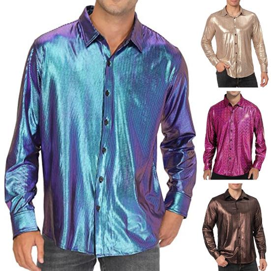 Men Casual Shirt Lapel Long Sleeve Single Breasted Shirt Tops Solid Color Loose Fit Twill Glossy Tops Daily Wear