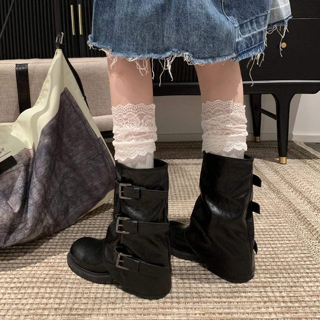 Thick-soled Belt Buckle Pleated Medium Boots Women's 2025 Autumn and Summer New Western Cowboy Short Boots Martin Boots Pant Tube Boots