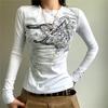 2025 Slimming Y2K Retro Print Long Sleeve Women’s Round Neck Slim Fit Trendy Streetwear Top