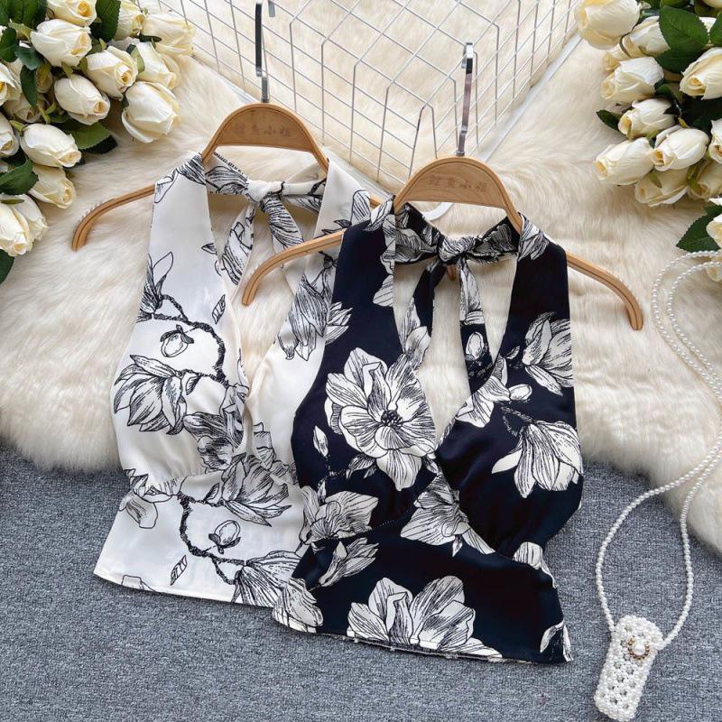 Celebrity Floral Halter Neck Backless Top - Women's Summer Trendy, Sexy, Versatile Vest