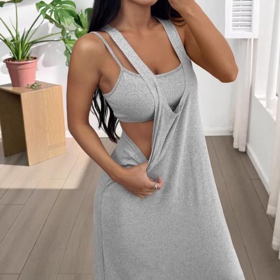 Women Cami Top Dress Two Piece Set Summer Solid Color Wide Strap Long Dress Camisole Casual Ankle Length Sleeveless Midi Dress
