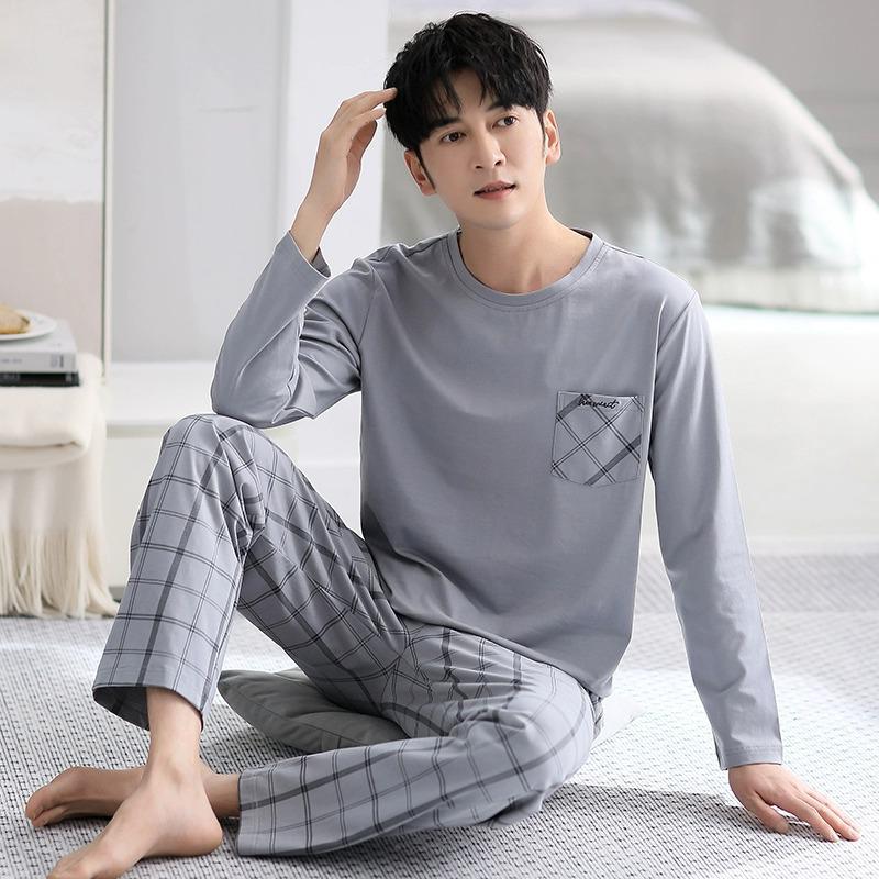 Herren Antibakterieller Langarm Pyjama Set - Rundhals, Lässig, Zweiteilig, für Frühling/Herbst/Winter.