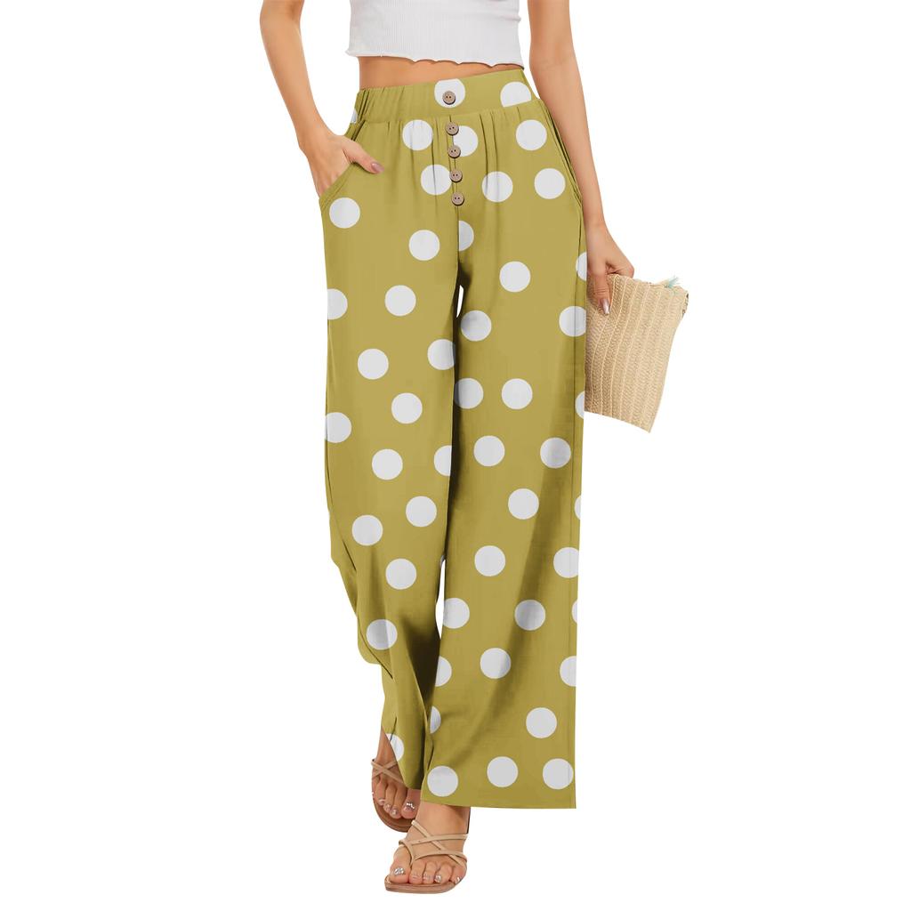 Calças Largas Femininas com Estampa de Bolinhas e Cintura Elástica com Botão e Bolsos para Uso Casual de Verão