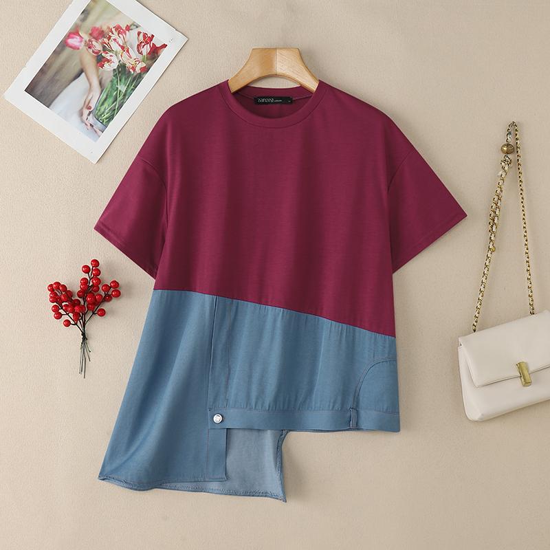 ZANZEA Womens Round Neck Patchwork Short Sleeve Irregular Hem Casual T-Shirts