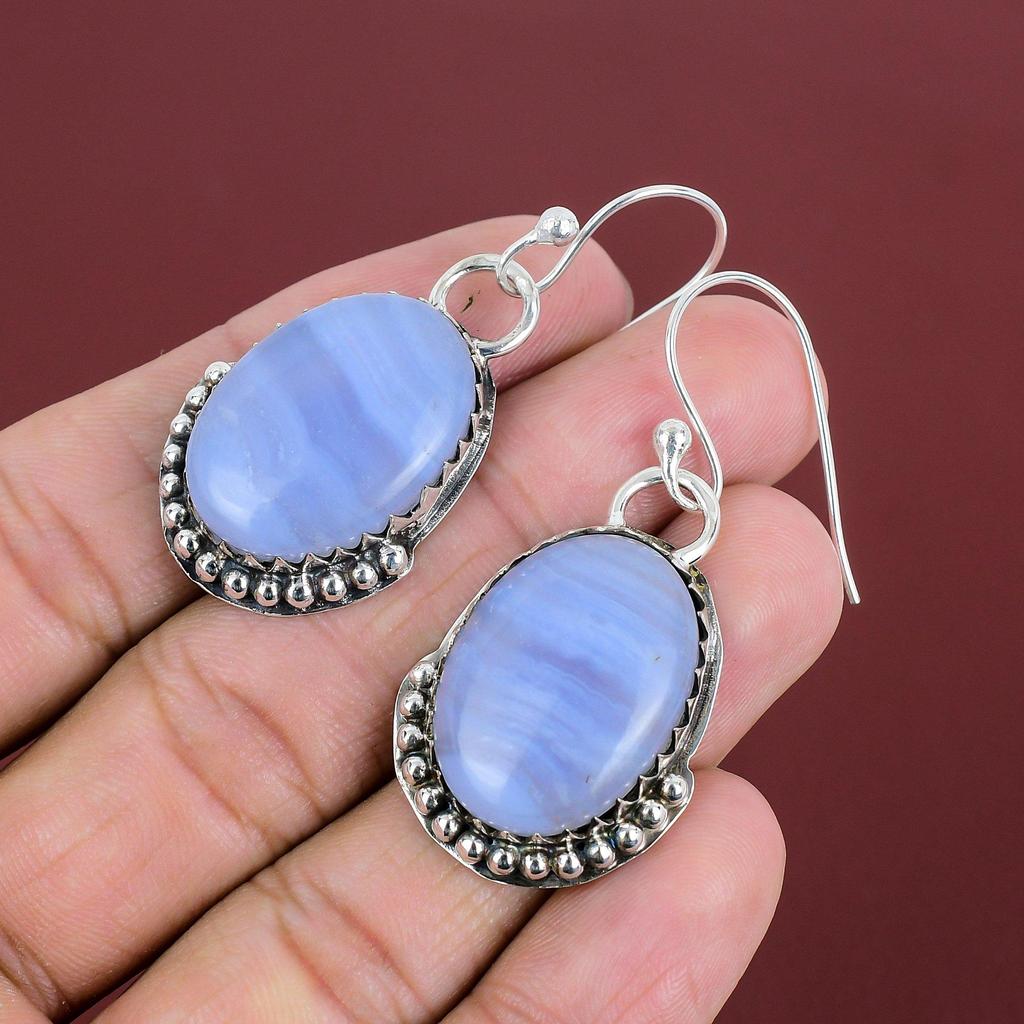 Blue Lace Agate Earrings Gemstone Earring Decent Jewelry 925 Sterling Silver Earrings Handmade Earring Antique Drop Earring Engagement Gifts
