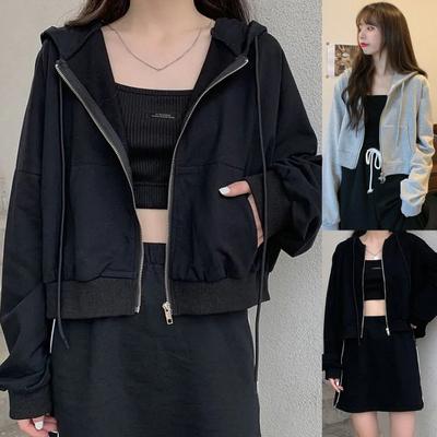 Women Autumn Solid Color Long Sleeve Zipper Pocket Coat Short Hoodie Crop