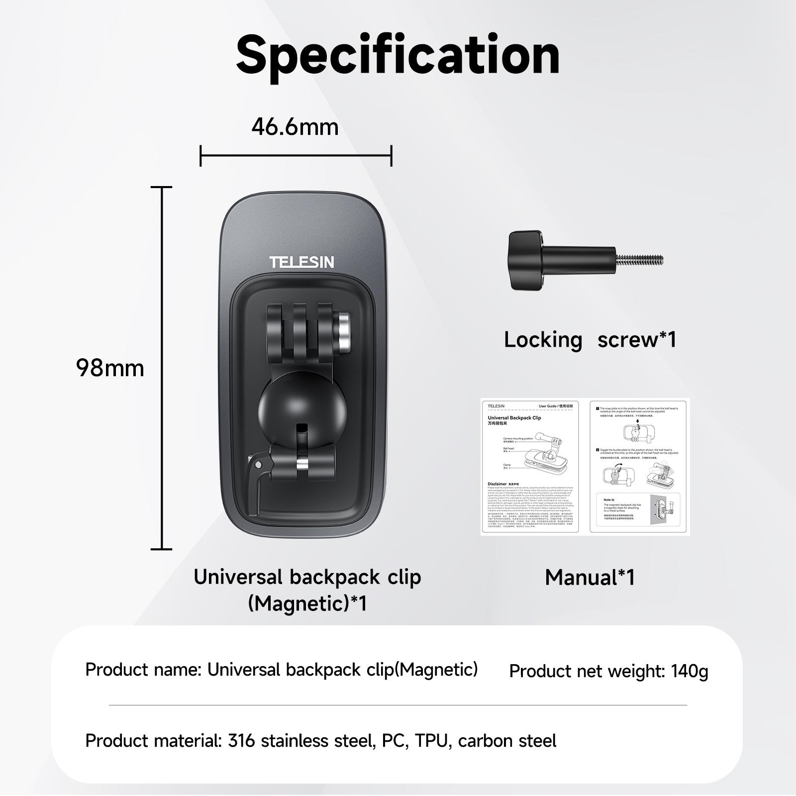 

TELESIN 360° Rotation Magnetic Backpack Clip Clamp Mount for GoPro Hero Insta360 DJI Action Camera Accessories Magnetic Backpack Clip