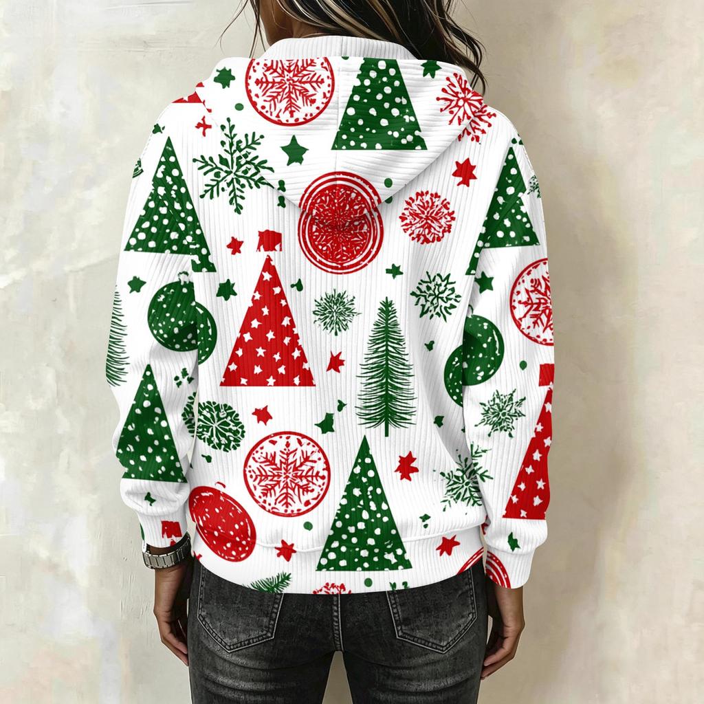 Women's Long Sleeve Christmas Print Hoodie Pullover Top with