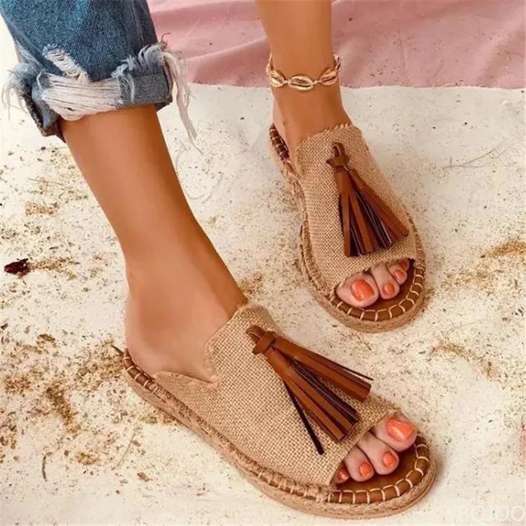 Women's Flat Sandals 2025 Resorts Handmade Tassels Wholesale Summer Shoes for Women Retro Design Female Slides Mules Size 41-43