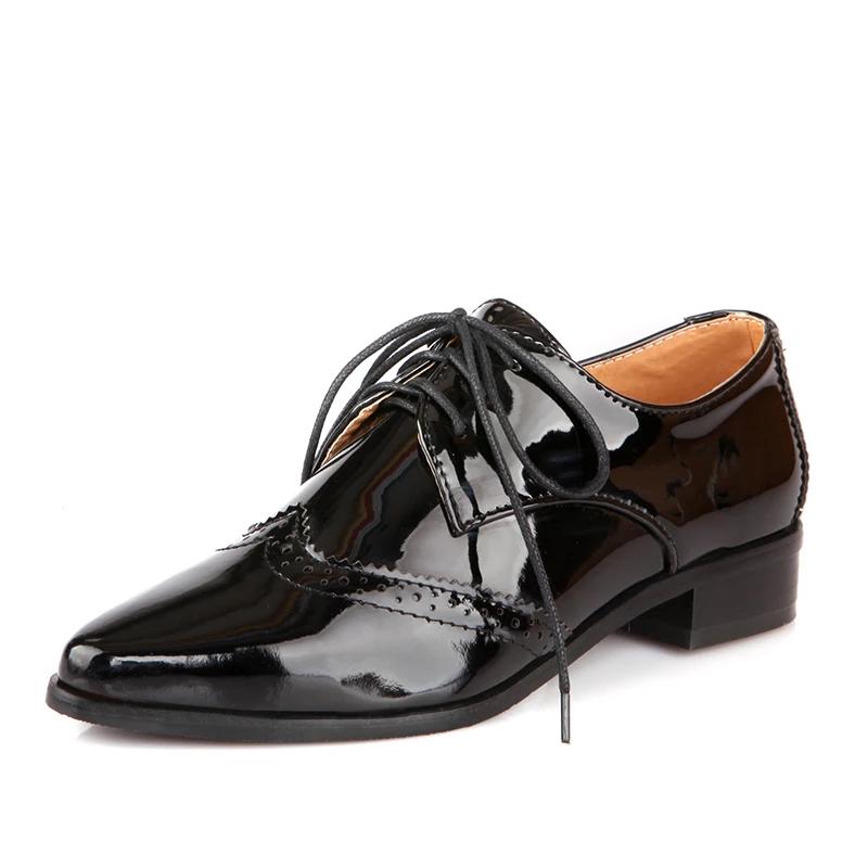 Fashion Spring Autumn Women Oxford Flats Brogue Patent Leather Black Office Outsole Female Pointed Toe Ballet Derby Shoes Ladies 34-43
