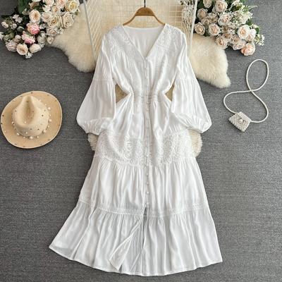 Solidna wakacyjna dekolt w szpic na co dzień słodka moda damska elegancka linia impreza kobieca elegancka Vestido latarnia rękaw artystyczna zielona sukienka