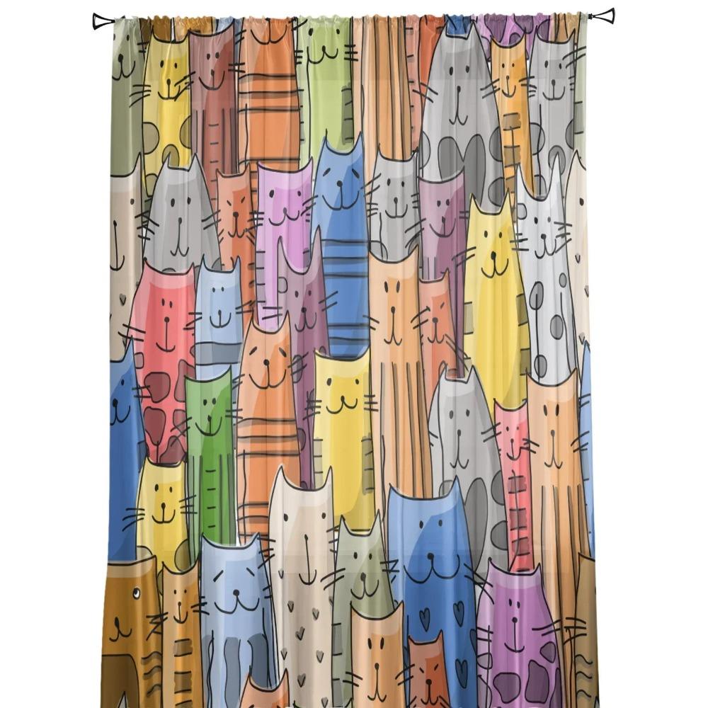 Cartoon Animal Color Cat Window Drapes Living Room Yarn Sheer Curtain Bedroom Kitchen Home Decor Drape