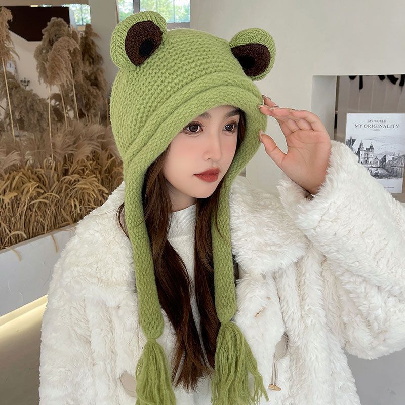 Cute frog knitted wool hat winter ear hat winter girl warm Lei Feng hat versatile student headgear