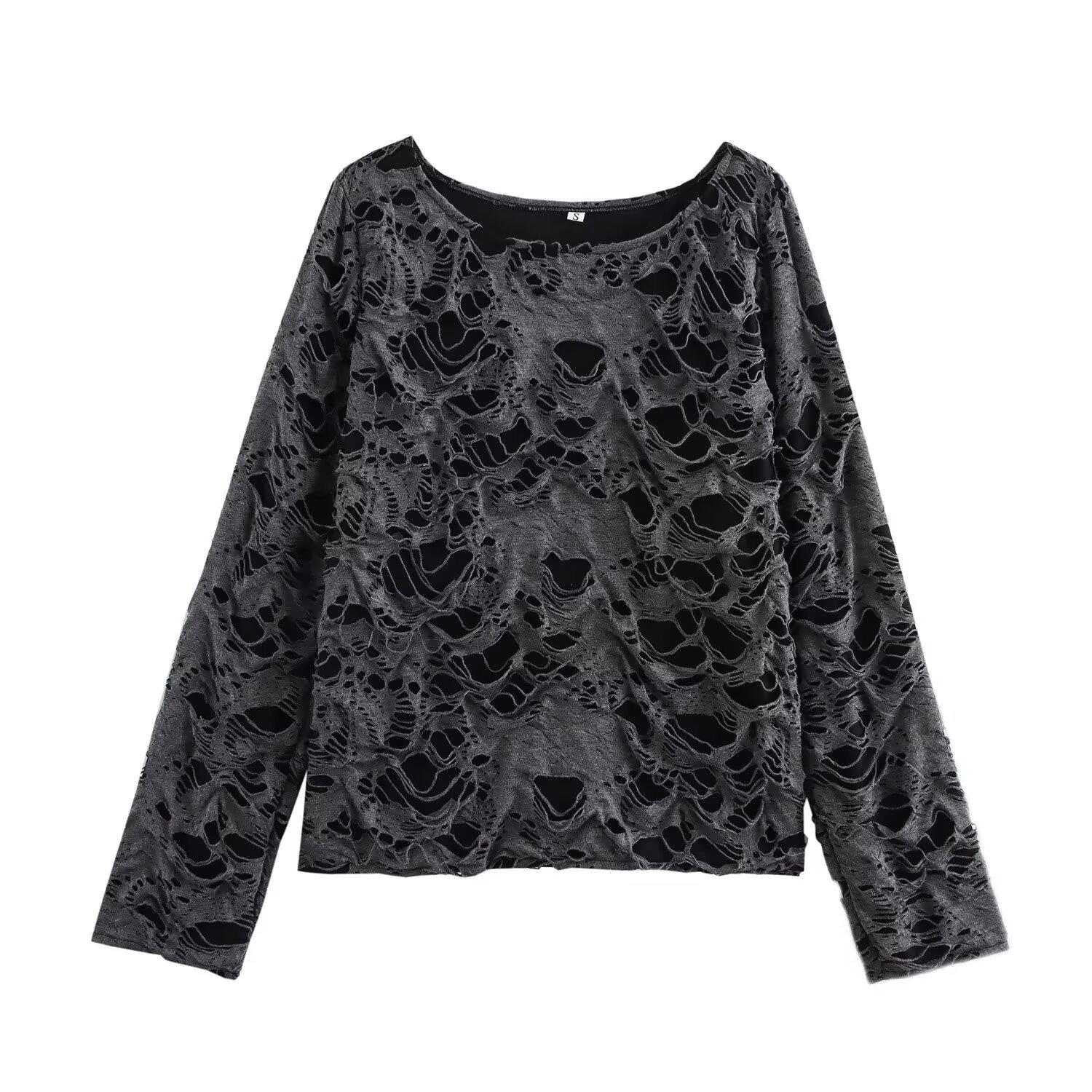 

2024 Зимний женский ретро топ с рваным эффектом, с длинным рукавом и круглым вырезом - Европейский и американский стиль M