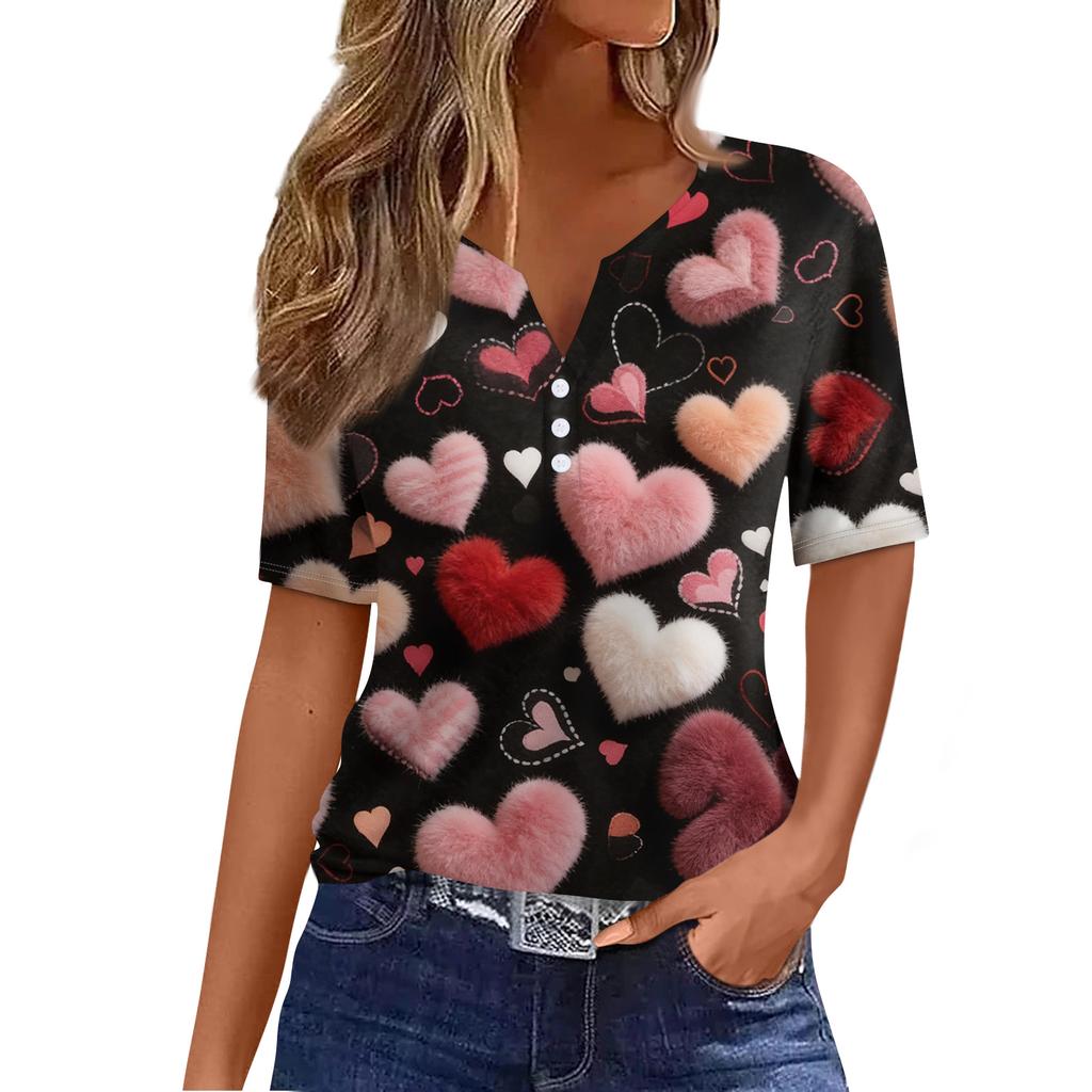 Women's Fashion Casual V,Neck Short,Sleeve T,Shirt With Decorative Buttons And Valentine's Day Print Top