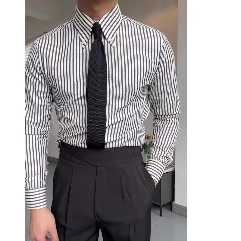 Men S Casual Long Sleeve Striped Shirt Turn Down Collar Button Blouse M