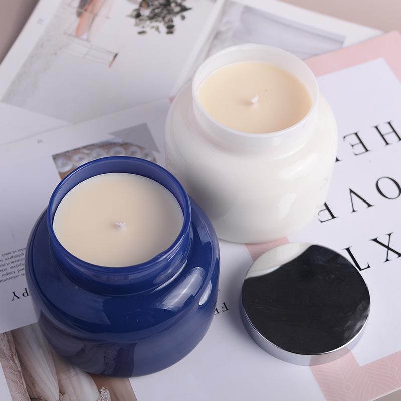 Aromatherapy Candle Handmade Soy Candle Blue White Glass Cup with Lid Aromatherapy Candle Fragrance