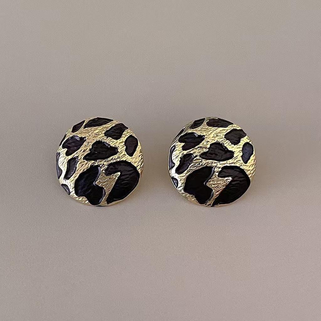 Leopard Print Round Earrings Trendy Red Dripping Oil Ear Studs Fashion Jewelry Accessories for Teens and Adults