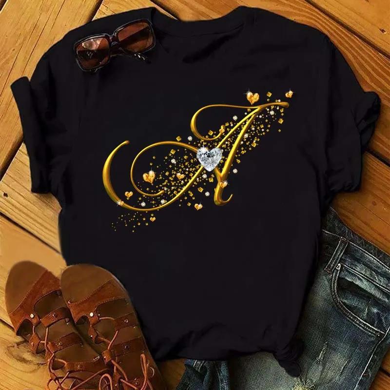 Custom Name Letter Combination Fashion Women T-shirt Diamond Gold Letter Font Short Sleeve Tops Black T-shirt
