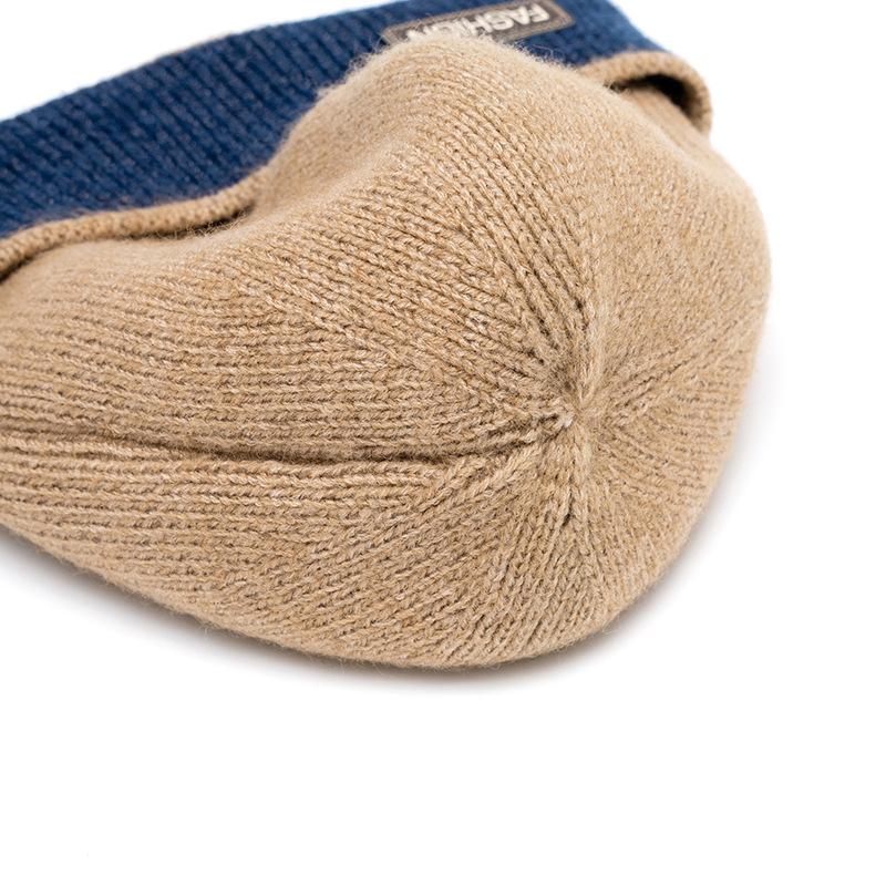 Winter Wool Knitted Hat Men's Fleece Thick Color Block Hat Outdoor Cycling Windproof Cap