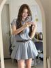 Academy style blue striped shirt dress children waist thin temperament design sense niche pleated short skirt summer