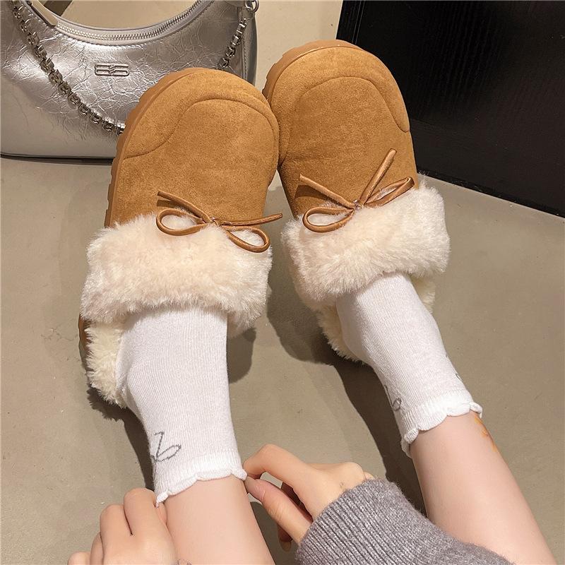 Retro Heightening Shoes Women's Autumn and Winter Outer Wear 2025 New Velvet Warm Bow Bag Head Half Drag Wool Cotton Slippers