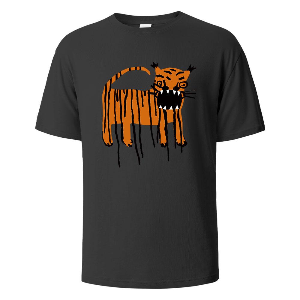 2025 New Summer Men's Horror Tiger Print Crew Neck T-shirt Pure Cotton Breathable Top Daily Casual Loose Large Size Short Sleeve