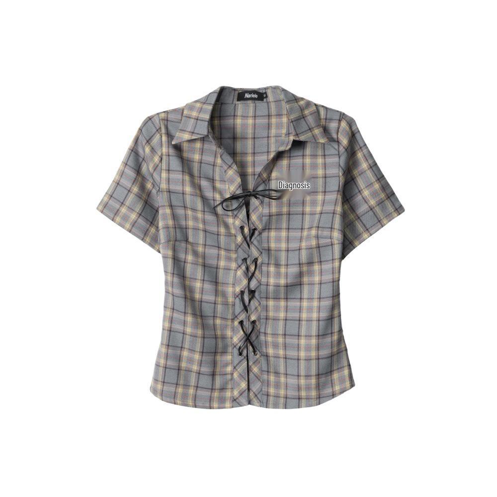 HeyHenry Women s Slim Fit Plaid Waist-Cinched Short-Sleeve Shirt - Summer 2026 Large темно-серого