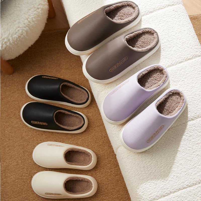 Waterproof cotton slippers winter indoor home simple warm velvet couple bag head slippers thick bottom outer wear