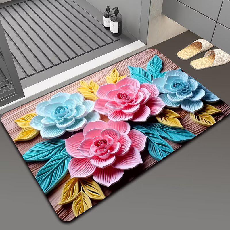 3D Floral Diatomaceous Earth Bath Mat - Absorbent, Quick-Dry, Stain & Wear Resistant Doormat