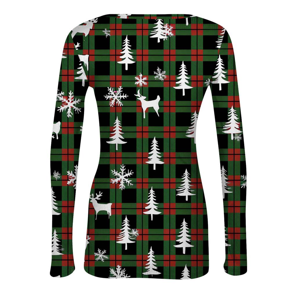 Dámské zimní přiléhavé základní tričko Módní vánoční potisk Výstřih do V Pulovr Top s dlouhým rukávem