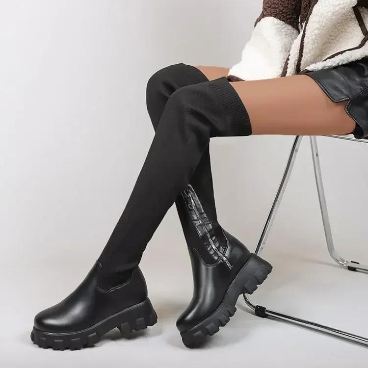 Women's Boots Platform Shoes Knitting Sock Ladies Thigh High Boots New Breathable Non Slip Casual Boot Plus Size 43 Botas Mujer