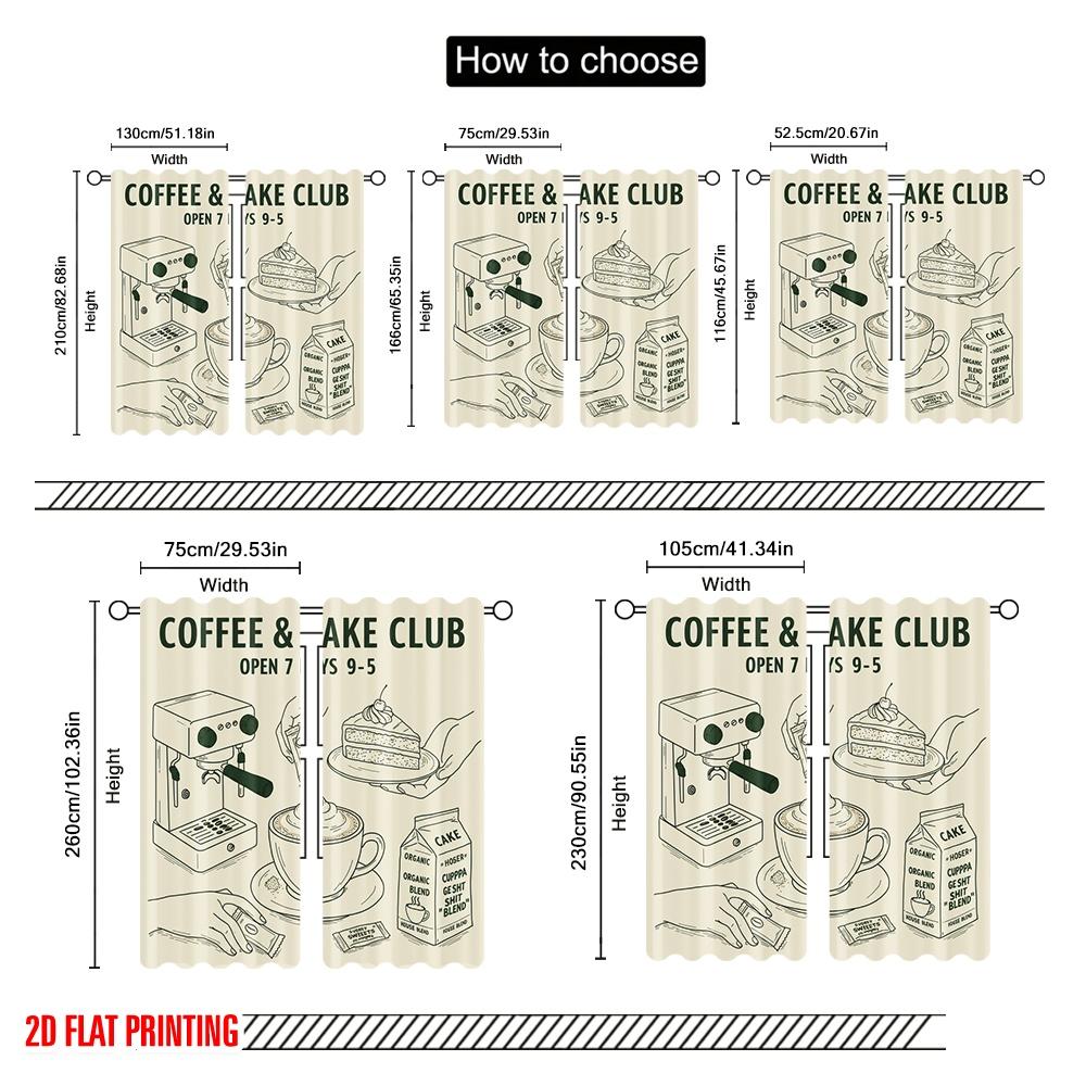 2pcs 2D Flat Printing Drapes Coffee Cake Club Coffee Machine Polyester Without Electricity All Season Party & Holiday Decor Use